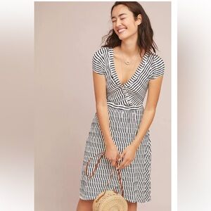 MAEVE ANTHROPOLOGIE PALADINO TEXTURED STRIPED FAUX WRAP MIDI DRESS SIZE SMALL